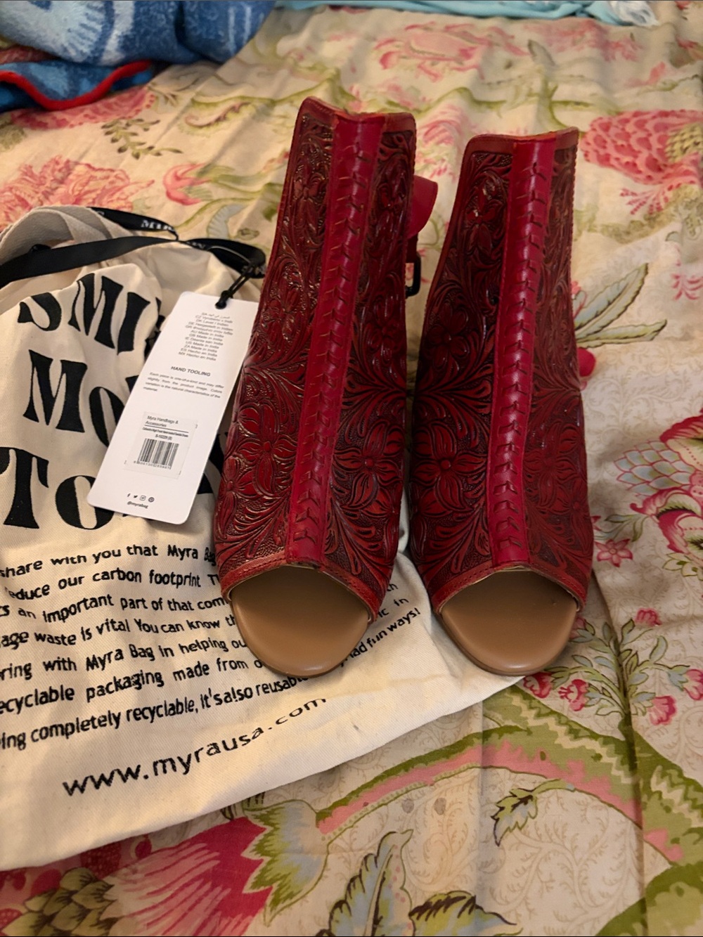 Myra Bag Red Embossed/Tooled Leather Open-Toe Sandal Booties